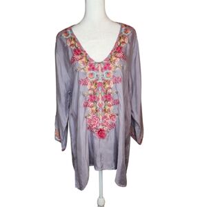 Johnny Was Briony Cupra Rayon Embroidered Gray Tunic Size Large